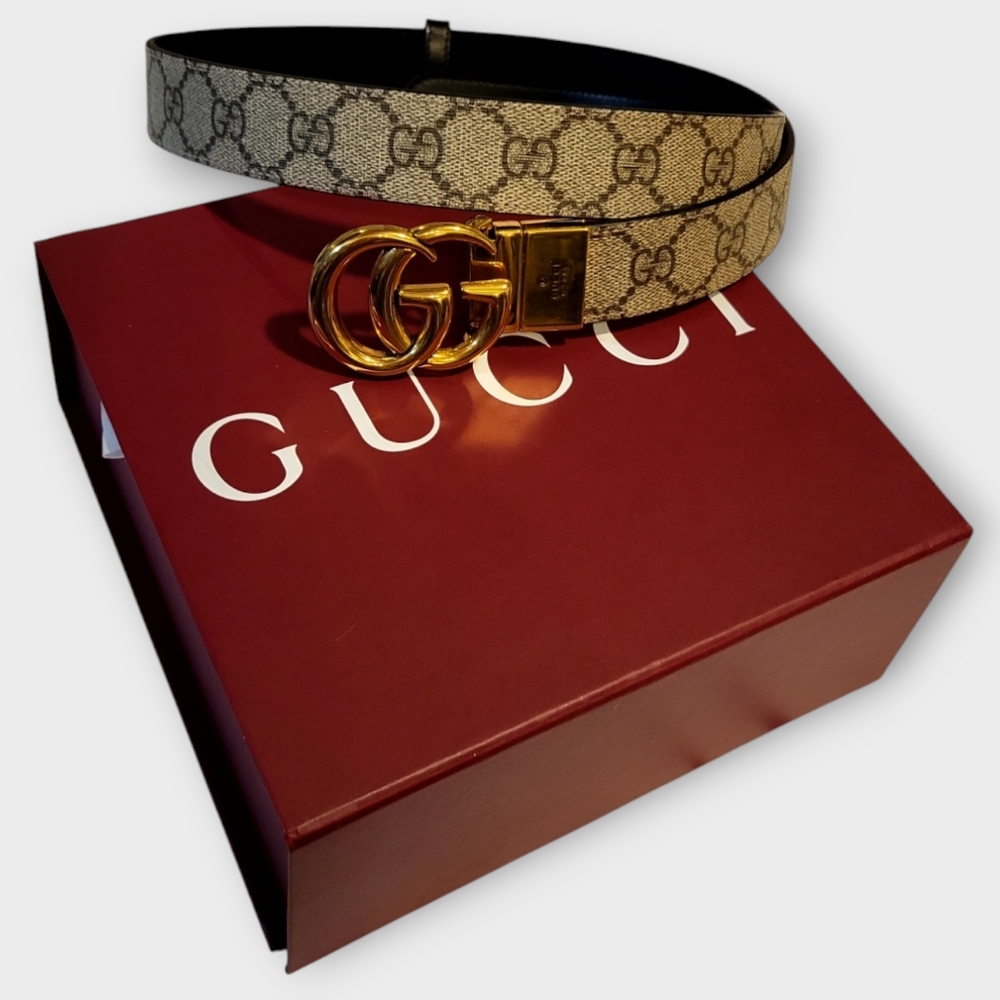 NWT Gucci GG Supreme Monogram Plutone Calfskin Reversible Belt  85.34